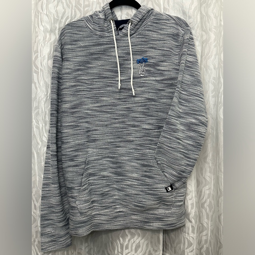 Dikotomy Size Large hooded pull over gray sweater with front pocket.